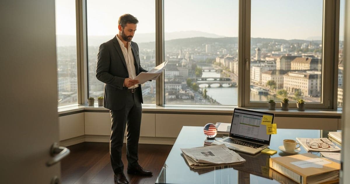 Entrepreneur reviewing documents in a Swiss office with a Zurich view