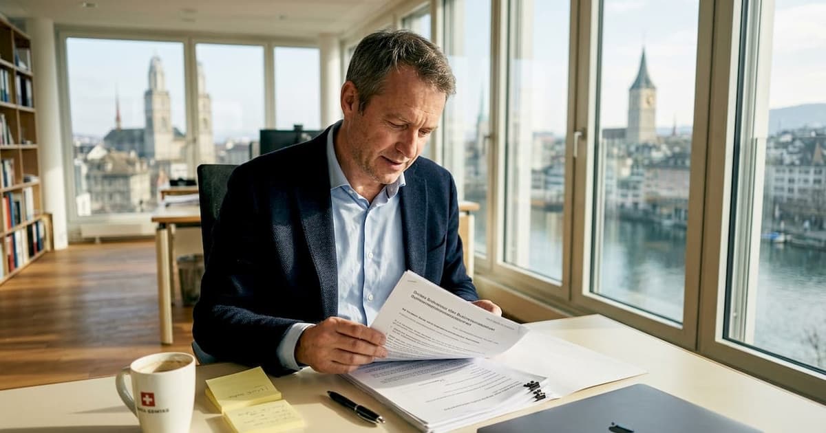 Founder reviewing incorporation documents in a Zurich office
