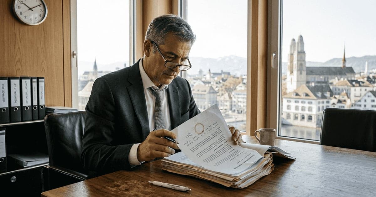 Company secretary reviewing corporate records in a Swiss office