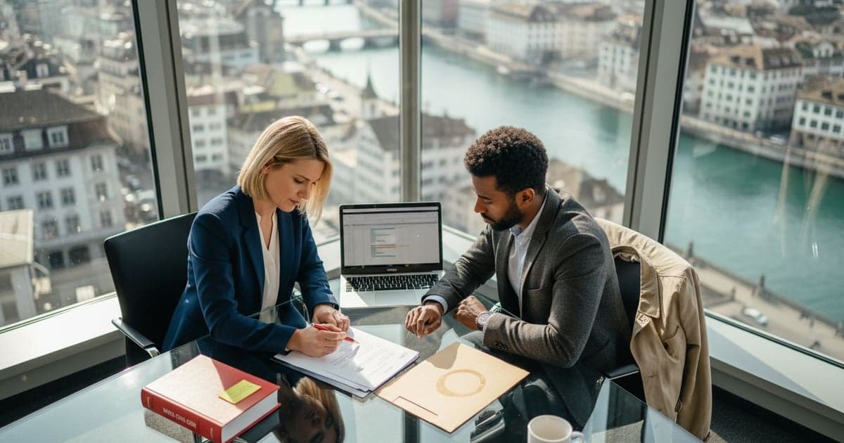 Business professionals reviewing Swiss articles of association