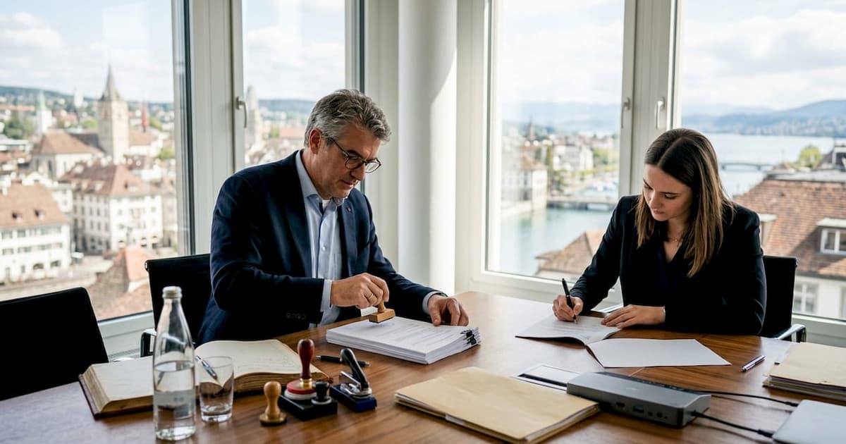 Notary and client formalising company documents in Switzerland