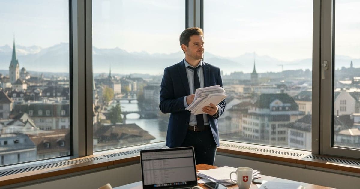 Startup founder working at a desk in a Zurich office