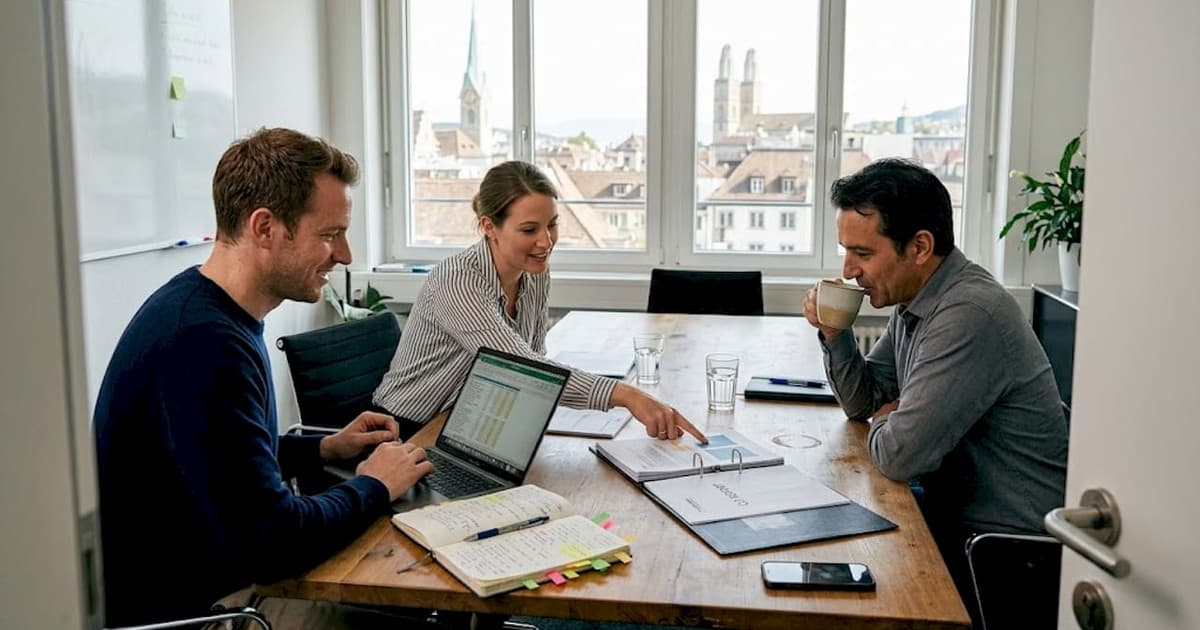 Team reviewing corporate compliance documents in Switzerland