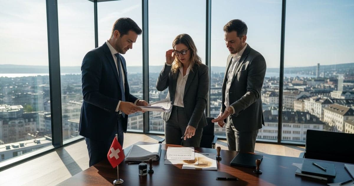 Business team reviewing Swiss branch registration documents
