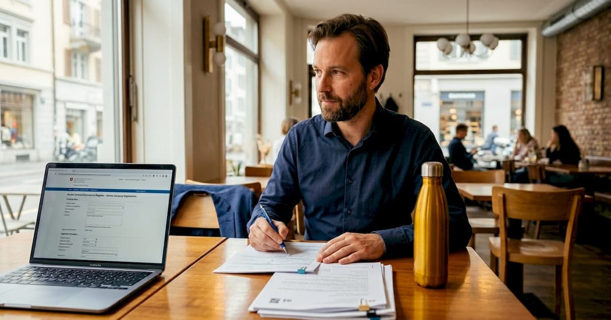 Entrepreneur reviewing forms in a Zurich business centre