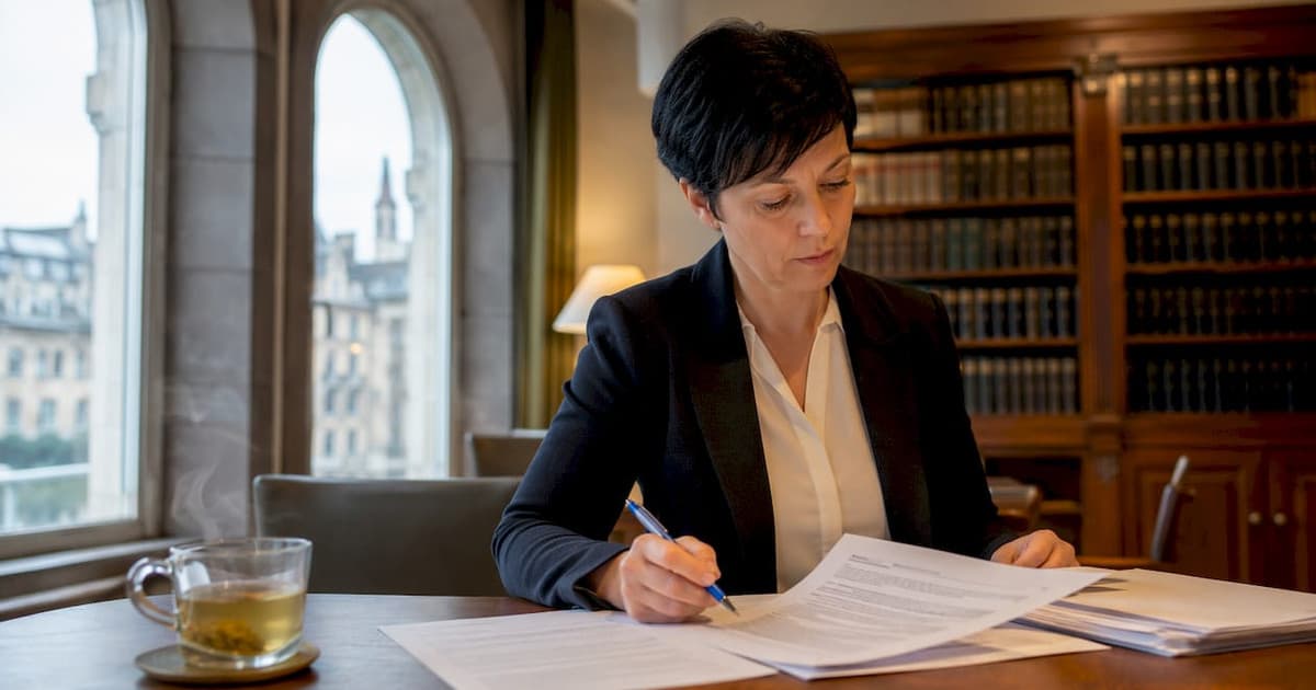 Woman reviewing Swiss GmbH share capital documents at a desk