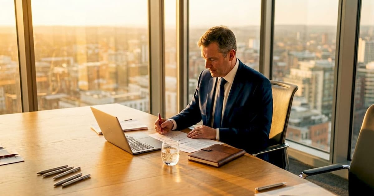 Non-executive director reviewing papers at a boardroom table
