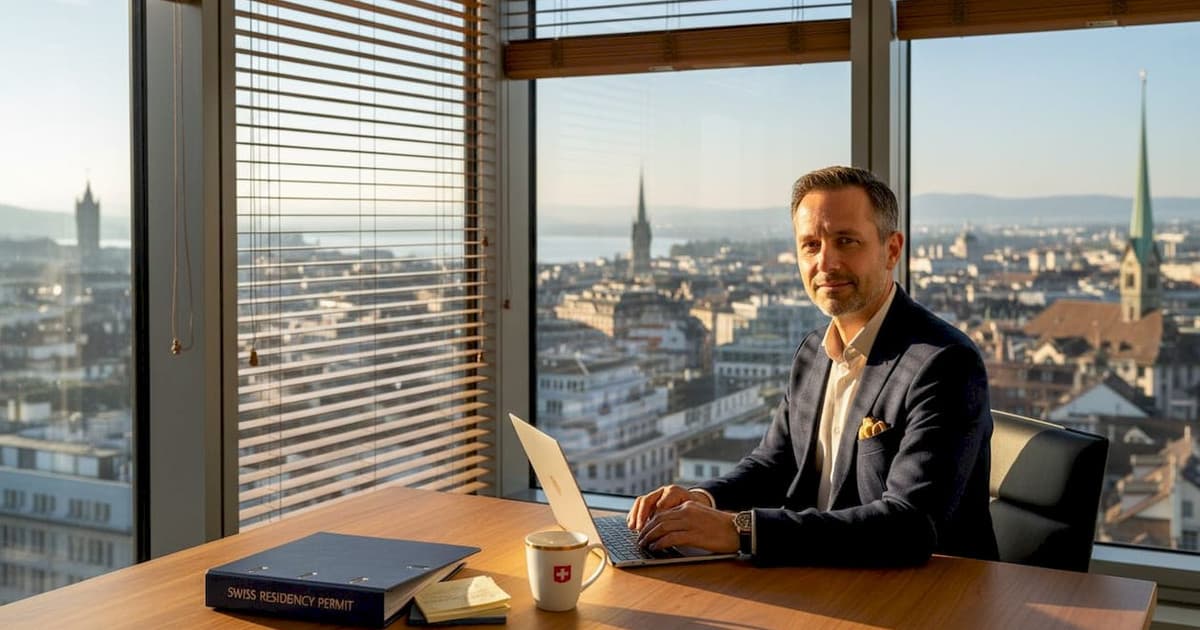 Entrepreneur reviewing residency paperwork in a Swiss office