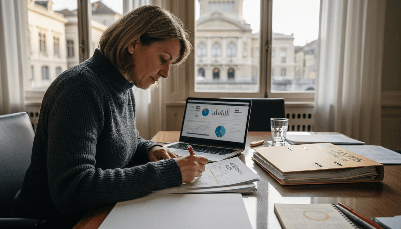 Businesswoman marking up Swiss business plan draft