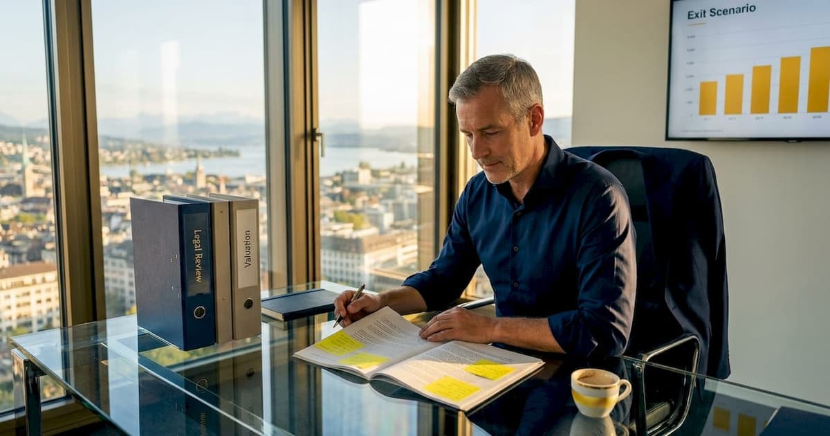 Company owner reviewing exit options in a Swiss office