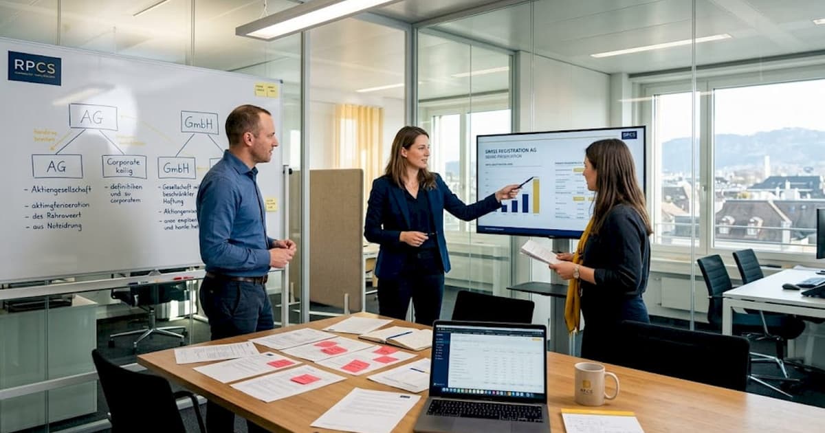 Startup team reviewing board meeting materials in Switzerland