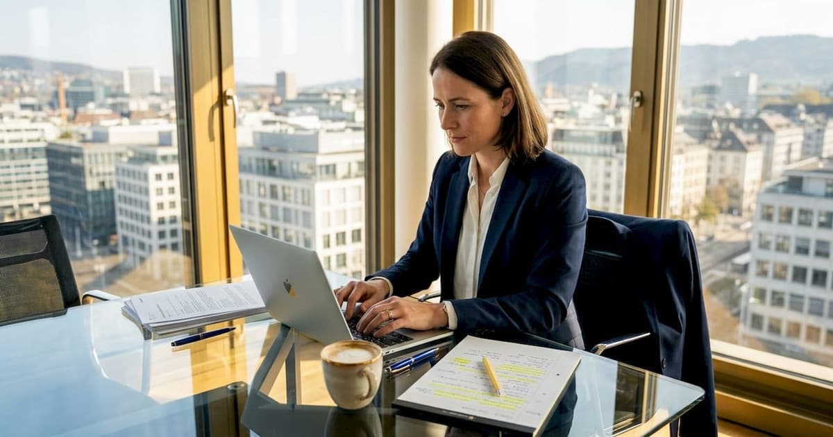 Legal adviser reviewing due diligence documents in Switzerland