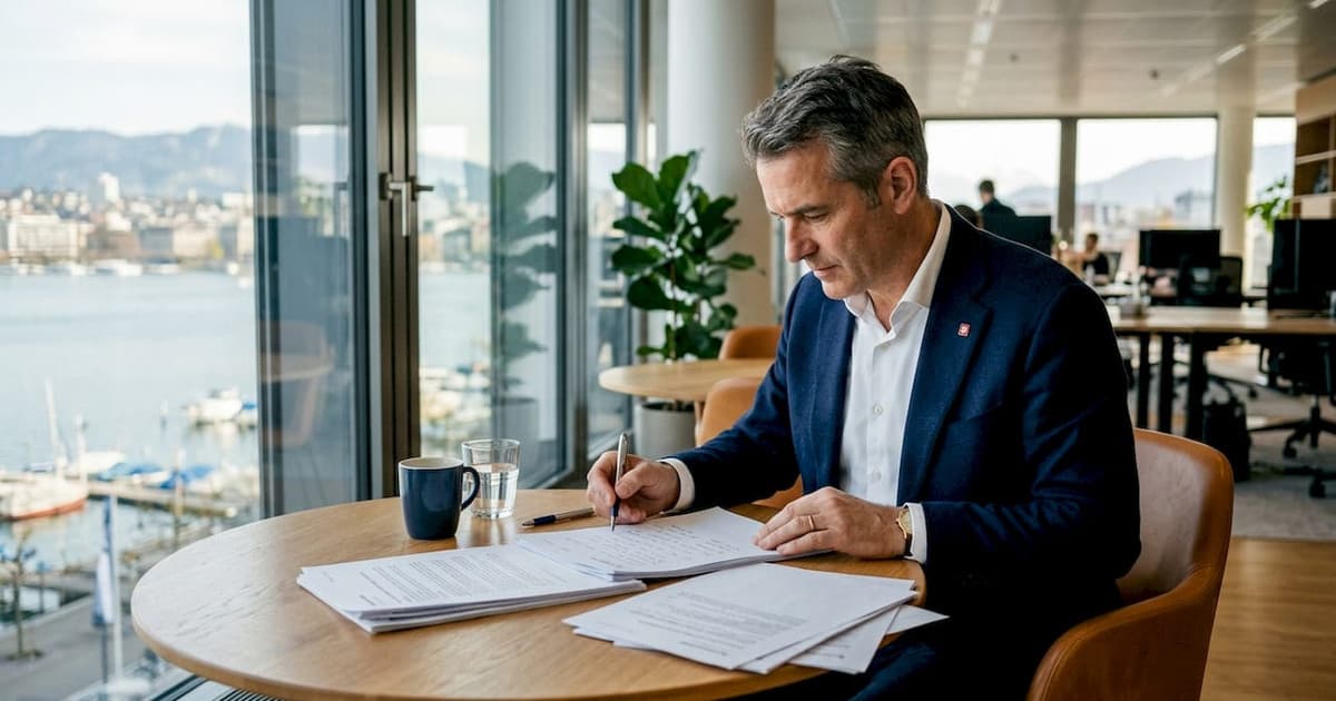 Financial adviser reviewing merger documents in a Swiss office