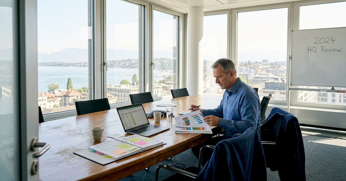 Executive reviewing charts in a Swiss boardroom
