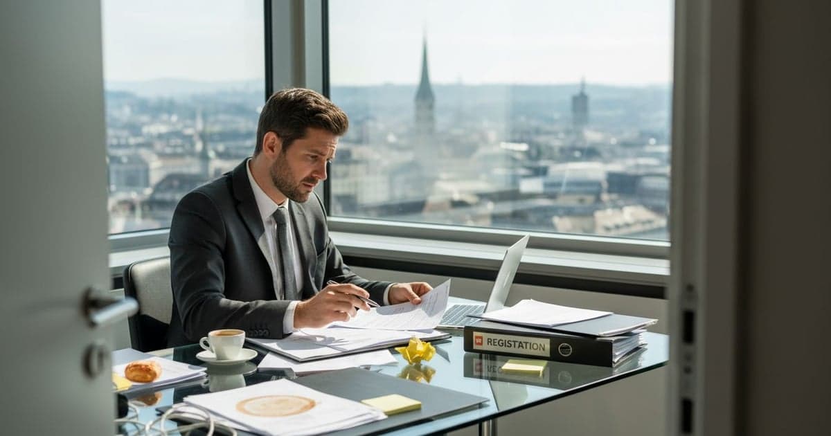 Entrepreneur reviewing paperwork while setting up a Swiss business