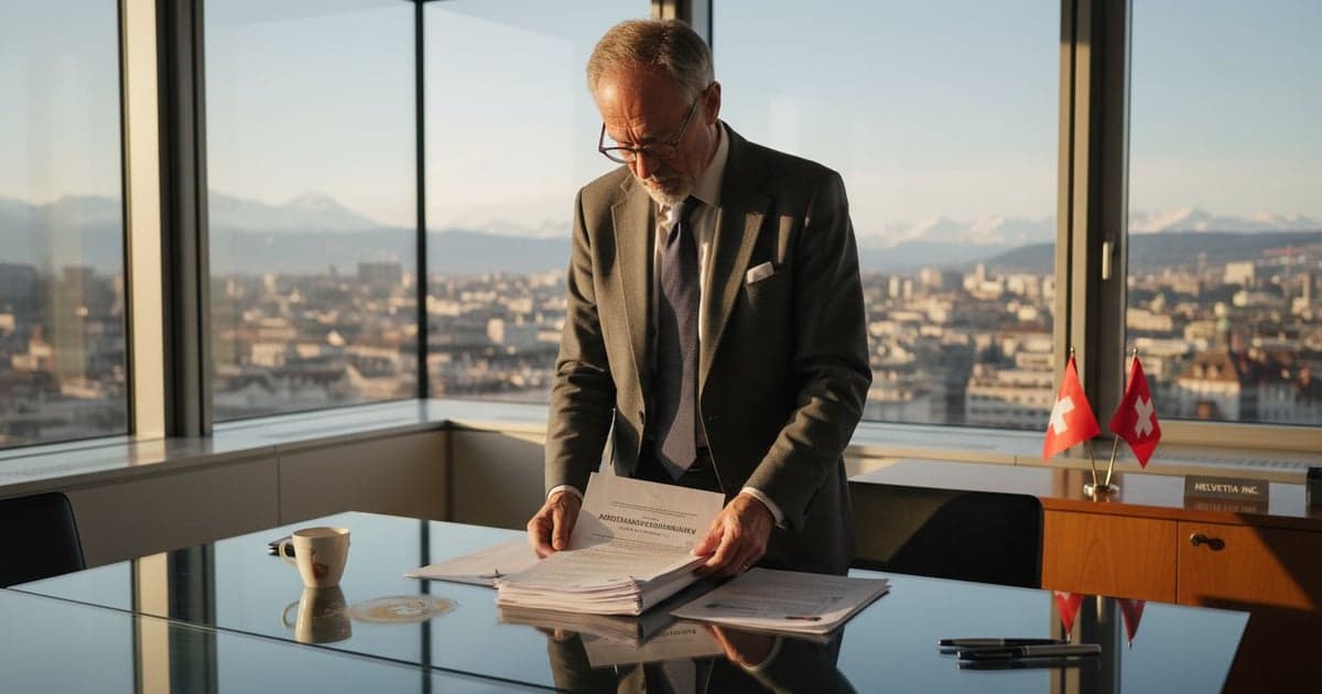 Executive with legal documents in a Zurich boardroom