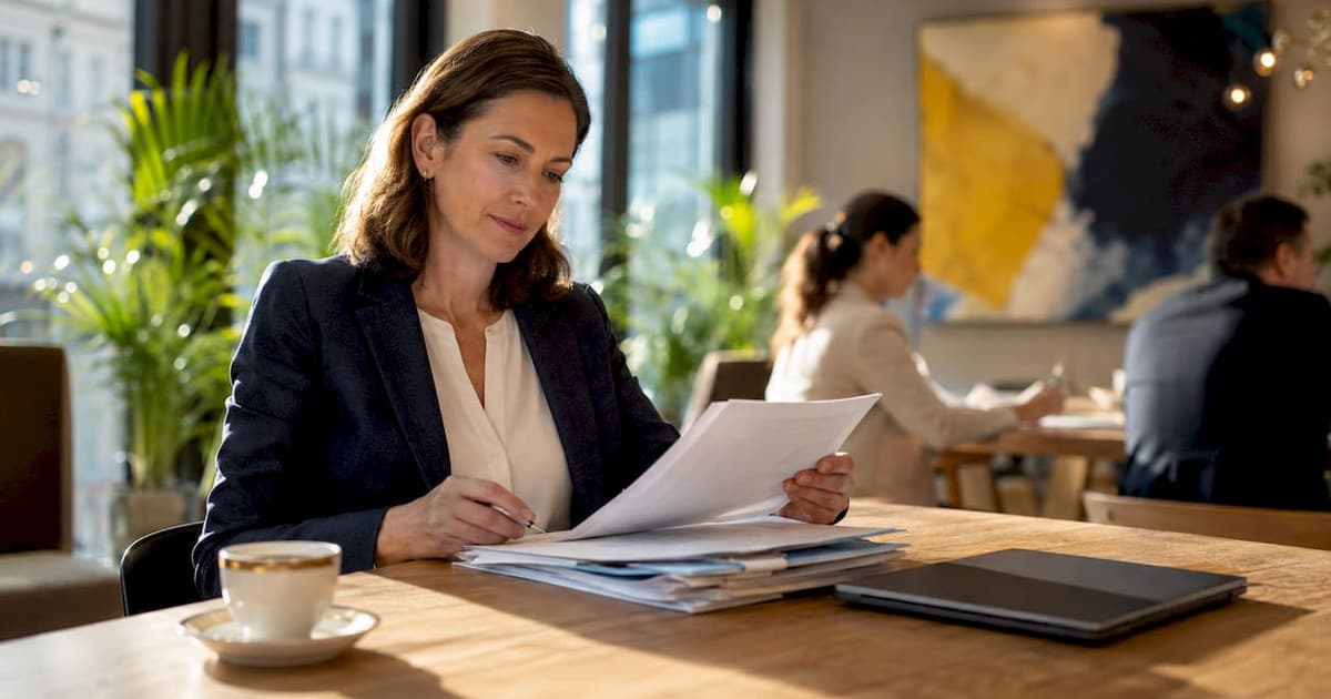 Businesswoman reviewing documents in a Zurich office