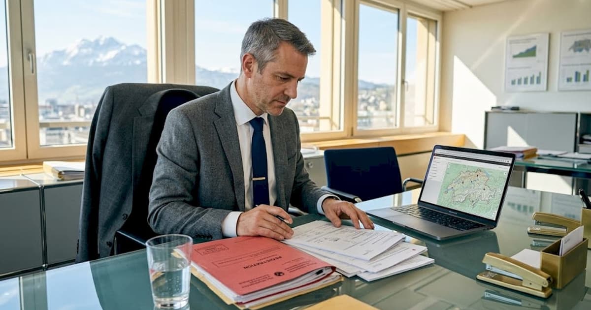 Consultant comparing cantonal options in a Swiss office