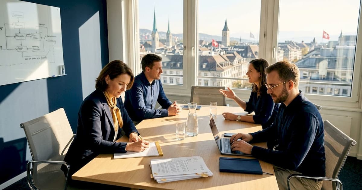 Fintech team working in a Zurich corner office