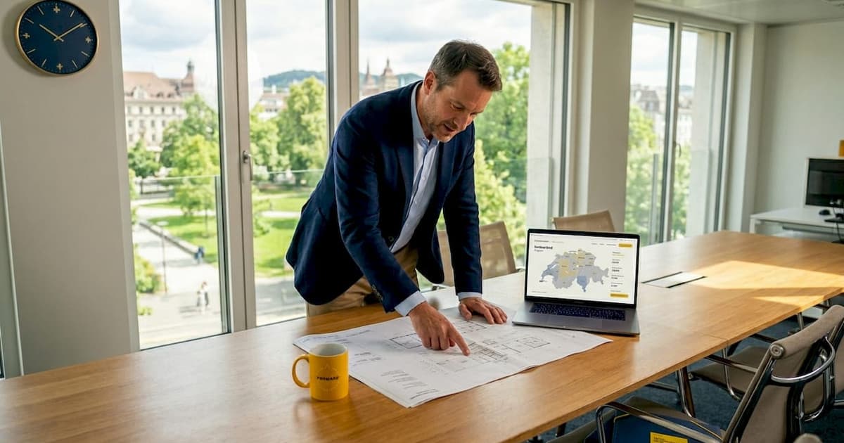 Executive reviewing company relocation documents in Switzerland